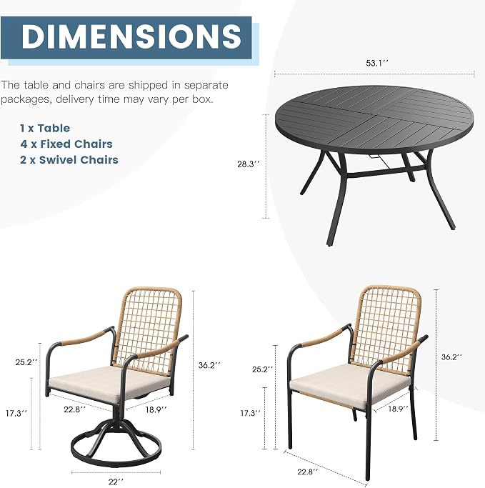 DIFY 7 Pieces Outdoor Dining Set for 6, 53.1" Black Round Metal Table with 4 Stackable Wicker Patio Chairs & 2 Swivel Chairs, Patio Furniture Set with Cushions and Umbrella Hole, Wheat Rattan