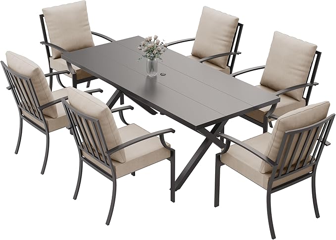 ALAULM 7-Piece Patio Dining Table and Chairs Outdoor Dining Set for 6 Patio Dining Sets with Rectangular Metal Table with Umbrella Hole for Patio, Backyard, Garden-Sand