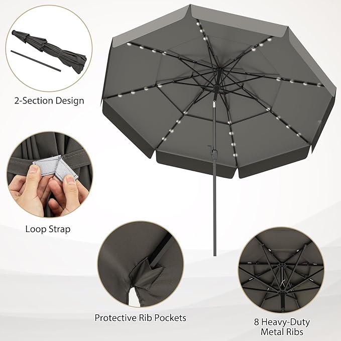 Tangkula 10 FT Solar LED Patio Umbrella, 3-Tiers Scalloped Outdoor Table Market Umbrella with 32 LED Lights, Tilt Adjustment, Crank, 8 Sturdy Ribs for Pool, Deck, Backyard (Gray)