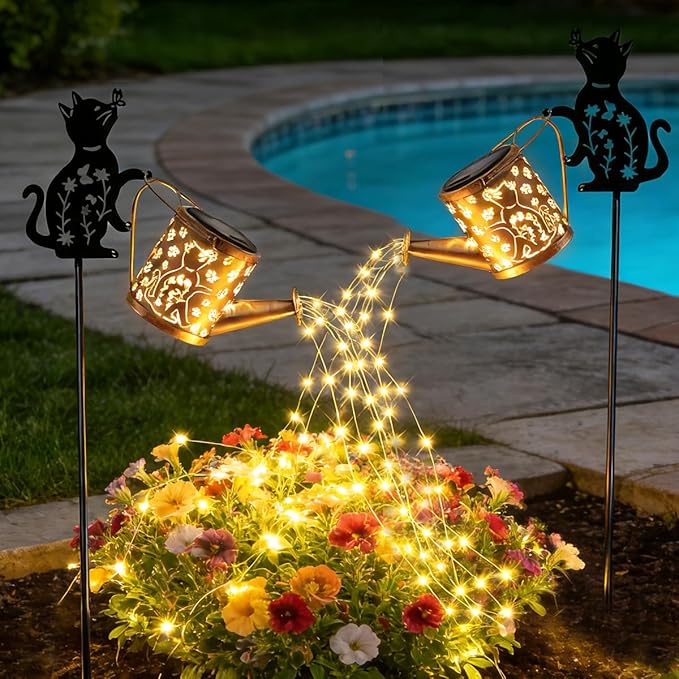 Solar Watering Can with Lights, Featuring Metal Cat Silhouette Garden Ornament Festive Gift for Women, Waterproof Outdoor Decor for Backyard Paths and Lawn