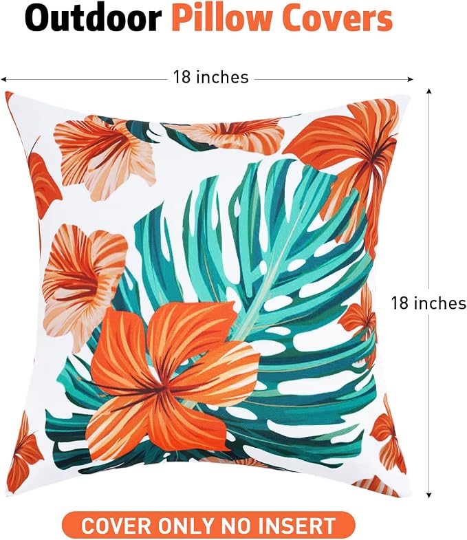 SquarePie Pack of 2 Outdoor Pillow Covers, Waterproof Decorative Throw Pillowcase Shell, Garden Cushion Shams Cases for Spring Patio Couch Balcony Bench,18x18 inch Palm Leaf Orange Flowers