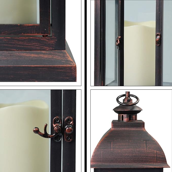 Decorative Lantern with flameless LED Candle Light, Outdoor/Indoor LED Lantern, The Door-Open H16 Decorative Lantern,Timer Candle,Plastic with Bronze Undertones.USE 2C Battery(not Include)