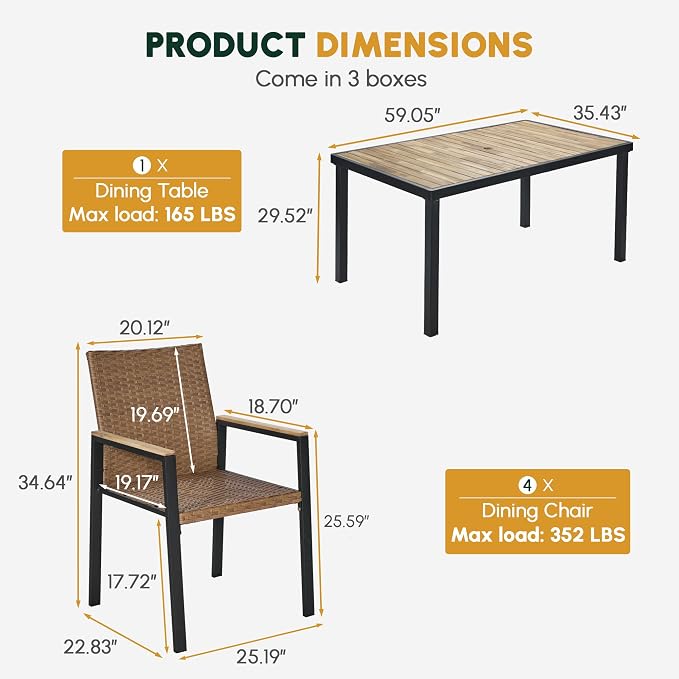 BEEFURNI Wicker Patio Furniture Dining Set, Outdoor Patio Table and Chairs Set, Rattan Outdoor Furniture Set, Acacia Wood Table, Chairs, Weather Proof Set for Porch, Backyard (Brown)