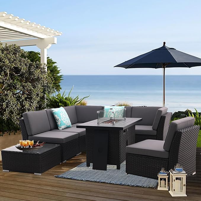 Patio Sofa Set with 46 Inch Firepit Table Coffee Table Outdoor Sectional Patio Conversation Set Patio Furniture All Weather/Thick Cushion/ 8 PCS Rattan Outdoor Sofa