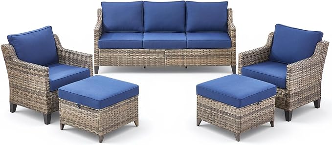 5 Pieces Outdoor Furniture-High Back Outdoor Wicker Couch Patio Chairs Set of 2 with Comfy Cushions Ottomans Patio Furniture Set for Backyard Porch Garden Deck Grey/Blue