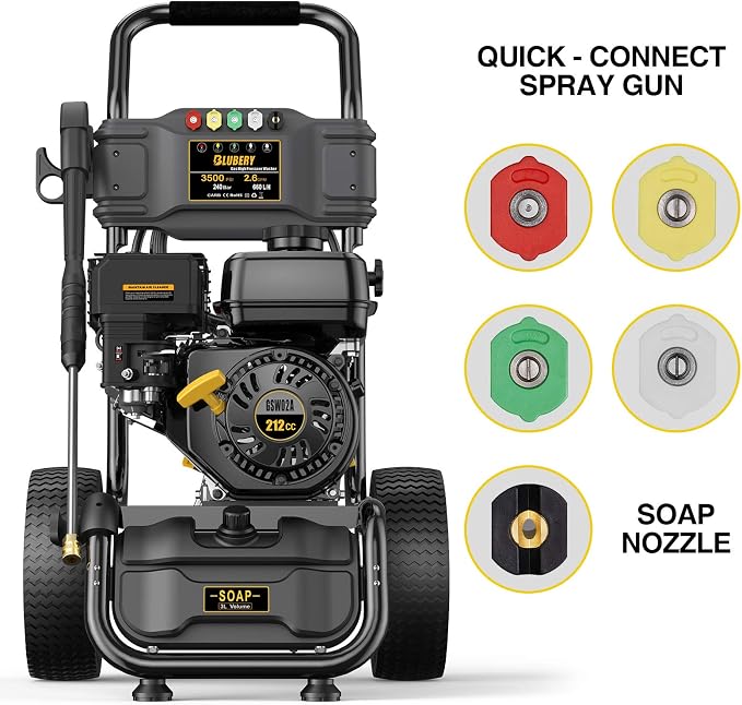 Gas Pressure Washer, 3500 PSI &2.6 GPM Power Washer, 30 ft Hose&Soap Container, 5 Adjustable Nozzles, Cleaning for Driveway/Concrete/Vinyl Fencing, CARB&EPA CERT