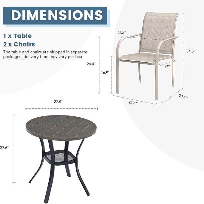 DIFY 3 Piece Outdoor Dining Set for 2, Patio Furniture Set of Grey Wood-Like Small Round Metal Dining Table and 2 Sandshell Textilene Stackable Patio Chairs, for Garden Porch Deck