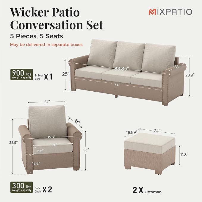 MIXPATIO Patio Furniture Set, 6 Piece Wicker Outdoor Furniture Set with Fire Pit Table & Thick Waterproof Cushions, 7 Seats Patio Conversation Set for Backyard Deck, Beige