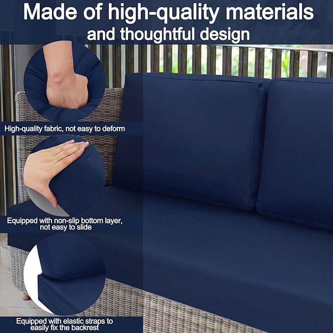 Wenqik 3 Pcs Waterproof Cushion Covers(Not Includes Cushion) 48'' x 24'' Outdoor Patio Furniture Seat Covers Fade Resistant Replacement Slipcover with Zipper for Outside Couch Swing Sofa(Navy Blue)