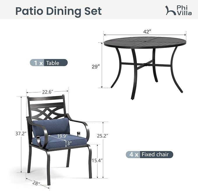 PHI VILLA Patio Dining Set, Round Metal Table | Metal chairs, Blue, Umbrella Hole, Cushions, E-coated