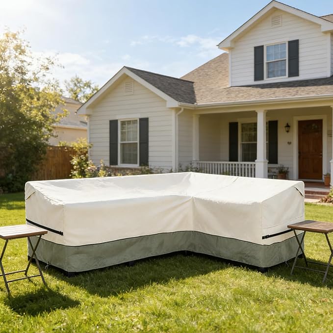 okcool Outdoor Sectional Sofa Cover Waterproof-L-Shaped Patio Furniture Covers for 4-Seater Outdoor Sectional Furniture Couch 85”W (Back Length) x 58”W (Right Side),White&Grayish Green