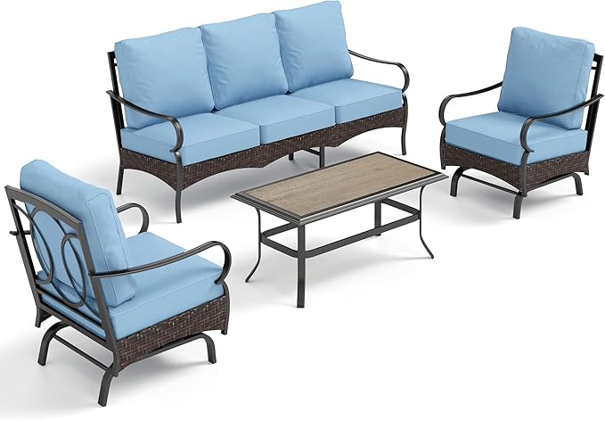 PHI VILLA Outdoor Modern Patio Furniture Set, Upgraded Wicker & Metal Patio Furniture Conversation Set with Waterproof Thick Cushions for Porch, Poolside, Yard (4 Pieces,Blue)