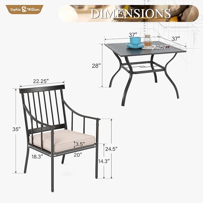 Sophia & William 5-Piece Patio Dining Set, Metal Table, Chairs | Seats 4, Cushions, Umbrella Hole, Stright Leg Chairs, 300 lbs Chair Capacity