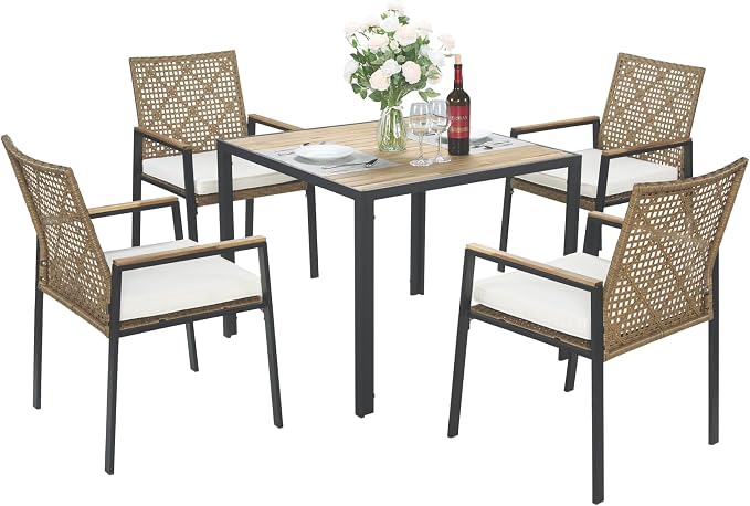 5-Piece Outdoor Patio Furniture Dining Set, All-Weather Rattan Conversation Set with Umbrella Hole, Weather Resistant Table and Chairs for Garden/Backyard Deck (Yellow)