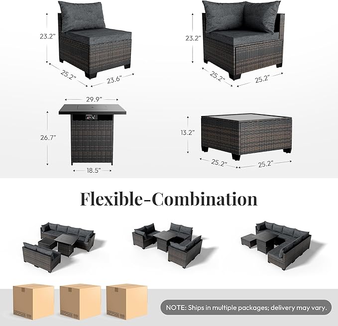 WWR Patio Furniture Set with 50000 BTU Propane Fire Pit Table 8 Piece, Wicker Outdoor Patio Conversation Set, Waterproof Rattan Patio Couch Set for Backyard, Deck & Garden, Brown/Dark Gray