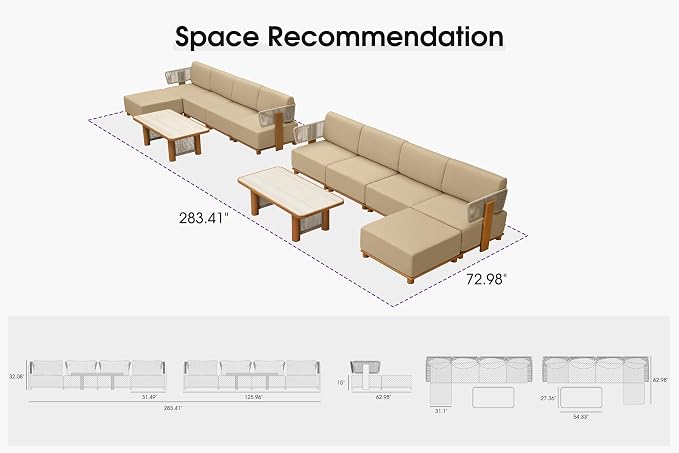 PURPLE LEAF Patio Furniture Set Modular L-Shaped Outdoor Sectional Sofa with 11" Thick Olefin Cushion 12-Piece Outdoor Conversation Set with Tables & Coffee Lights for Backyard Garden Poolside, Beige