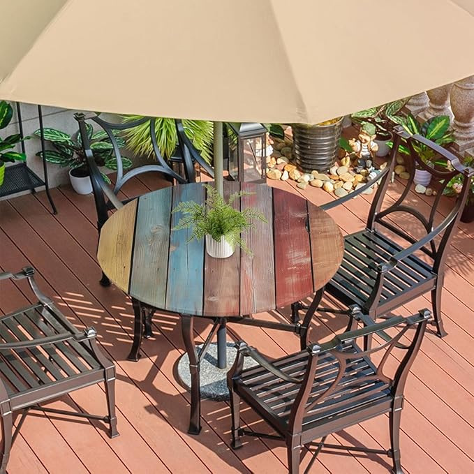 OSAM SPACE Outdoor Tablecloth with Umbrella Hole, Round Elastic Fitted Table Cloth with Invisible Zipper,Wooden Picnic Patio Table Cover 36-44in