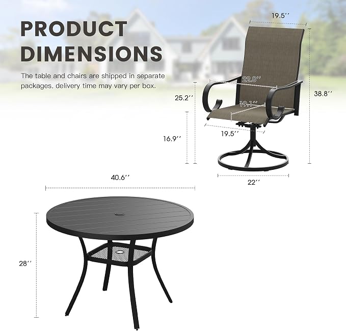 5 Pieces Patio Dining Set, 4 Outdoor Swivel Dining Chairs with 40.6" Round Metal Outdoor Dining Table with Umbrella Hole for Garden Backyard Deck, Mixed Brown & Black
