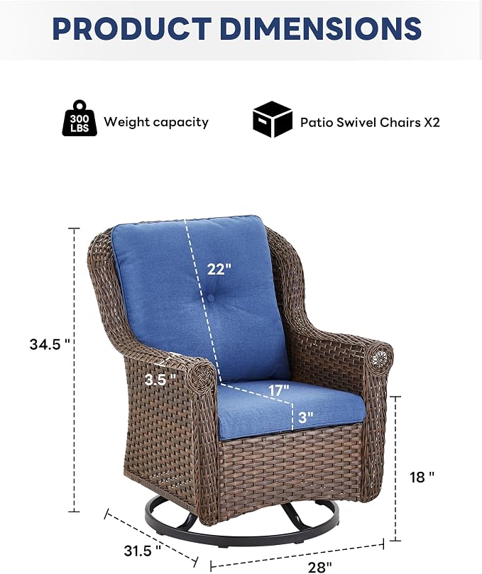 Patio Swivel Chairs Set of 2-High Back Swivel Rocker Outdoor Chair Patio Chair for Deck Porch Lawn Garden Backyard-Brown/Blue