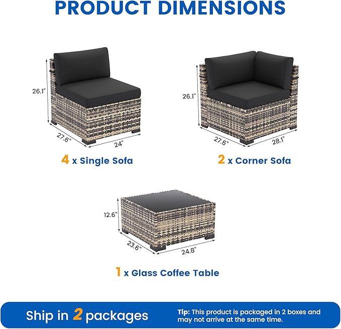 Patio Furniture Sets, 7-Piece Outdoor Patio Furniture with Thick Cushions,Coffee Table Outdoor All-Weather Conversation Set Sectional Sofa for Backyard, Poolside, Garden(Black)