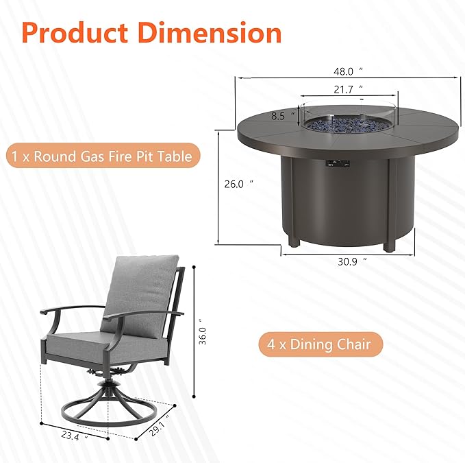5 Pieces Outdoor Patio Furniture Set with 48" Round Propane Fire Pit Table,Patio Dining Set Outdoor Conversation Sets 4 Swivel Chairs for Deck,Backyard and Garden,Grey