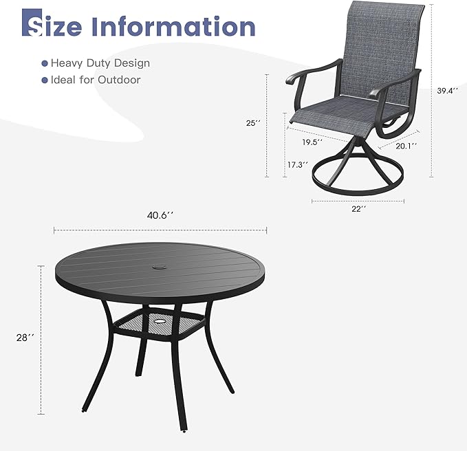 VICLLAX Outdoor Dining Set for 4, Patio Furniture Set of 4 Patio Swivel Dining Chairs and 41" Patio Round Table with Storage Shelf, Dark Charcoal Chairs & Black Tabletop