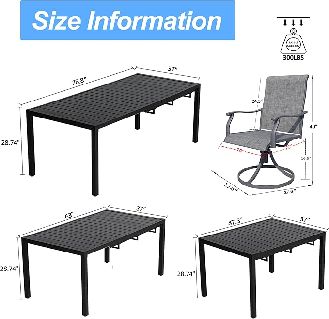 MEOOEM Outdoor Patio Dining Sets for 8, Outdoor Expandable Long Tables and Grey Swivel Chairs Set of 8, All Weather Heavy Duty 9-Piece Outdoor Patio Table and Chairs for Garden, Backyard