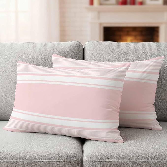 Outdoor Waterproof Throw Pillow Covers, Pink Striped Decorative Pillow Cases, Modern Color Block Farmhouse Stripes Couch Pillow Protector Patio Sofa Cushion Covers Replacement 20"x12" 2 Pack