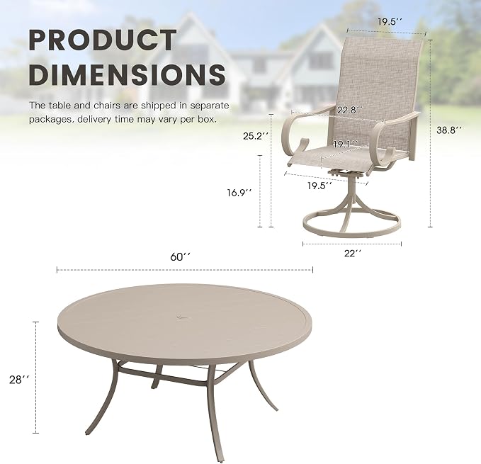9 Pieces Patio Dining Set, 8 Outdoor Swivel Dining Chairs with 60" Round Metal Outdoor Dining Table with Umbrella Hole for Garden Backyard Deck, Sandshell