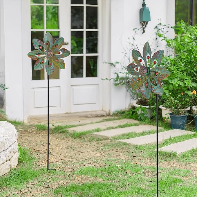 VEWOGARDEN 2 Pack Wind Spinners Outdoor, Metal Wind Spinner with Flower Design for Yard Garden Lawn Decorations, Copper Green