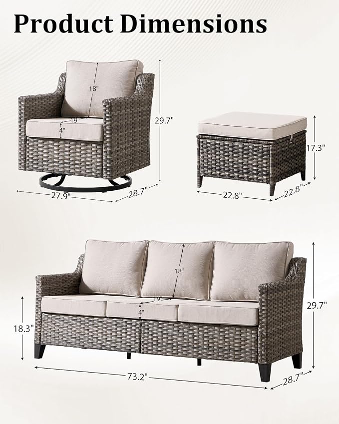 Outdoor Furniture Set of 7, Patio Furniture Set with 4 Wicker Swivel Rocker Chairs, 2 Ottomans and Sofa, High Back&Deep Seat for Garden Deck Porch Balcony Backyard - Beige