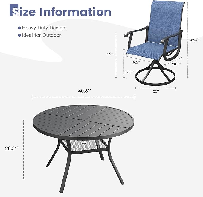 VICLLAX 5 Pieces Patio Dining Set, Patio Furniture Set of 4 Patio Swivel Dining Chairs and 40.6" Patio Spliced Round Tabletop with Storage Shelf, Navy Blue Chairs & Black Tabletop