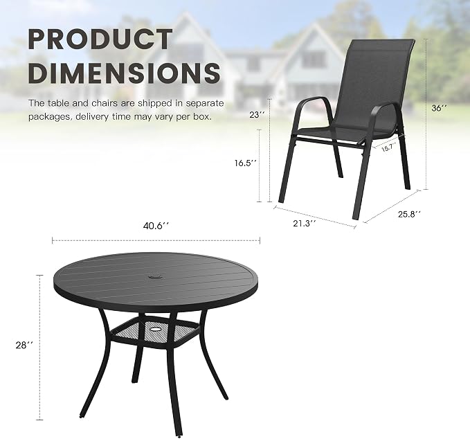 5 Pieces Outdoor Dining Set, 40.6" Round Table with Umbrella Hole & Stackable Patio Dining Chairs, Patio Table and Chairs Set for Deck Garden Porch, Black Chairs & Black Table