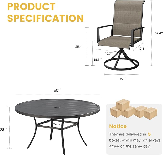 VICLLAX Outdoor Dining Set for 8, Outdoor Furniture Includes 60" Round Patio Table and Swivel Padded Chairs, Black Tabletop and Mixed Brown Fabric