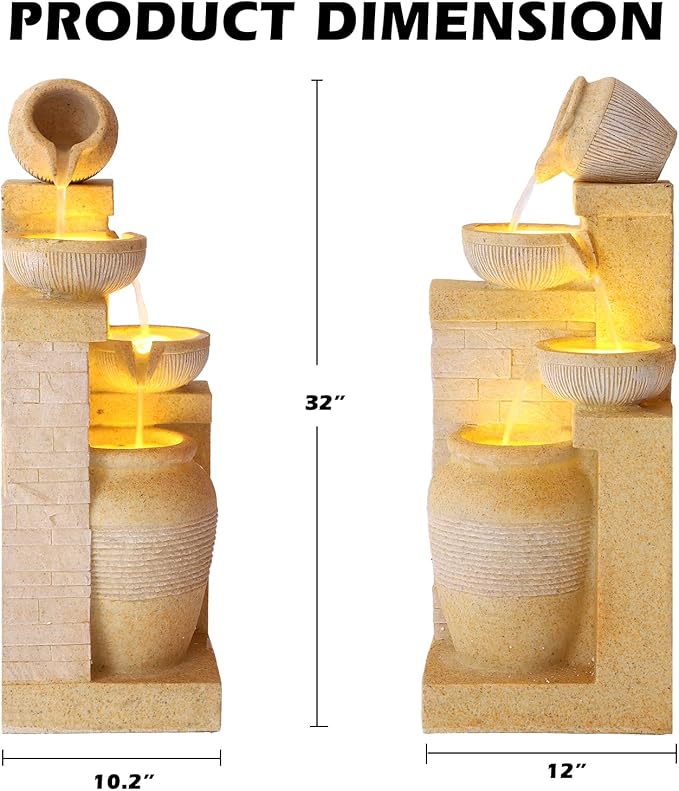 Grepatio Outdoor 4-Tiers Water Fountain, Garden Cascading Waterfalls Fountain with LED Lights, 32"H Modern Indoor/Outdoor Bowl Waterfall Feature Water Fountains for Garden, Patio, Yard Decor (Yellow)