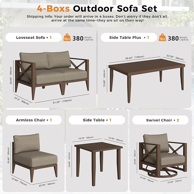 7-Seats Aluminum Outdoor Patio Furniture Set with Swivel Rocking Chairs, Sectional Conversation Sofa with 5.2" Thick Cushions & Coffee Table, Rust-Resistant Frame for Porch, Garden, Backyard, Brown