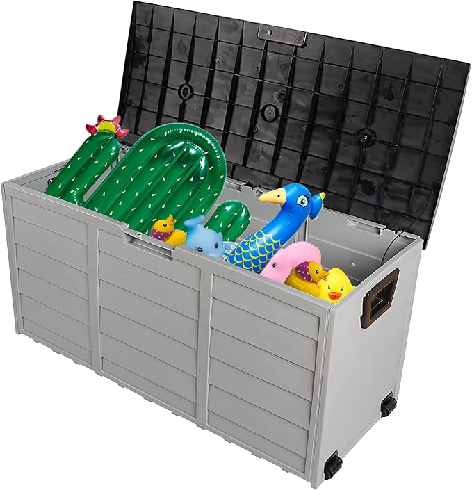 75 Gallon Outdoor Deck Box, Waterproof Storage Box with Wheels, Lockable Wheels, Patio Storage Box Storage, Resin Structure for Garden,Patio (Gray)