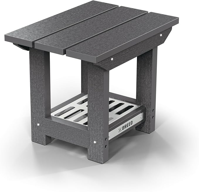 Breeo X Series Outdoor Side Table - Poly Lumber and Stainless Steel Firewood Holder - Durable, Simple Modern Accent Table for Patio - Made in the USA - Gray