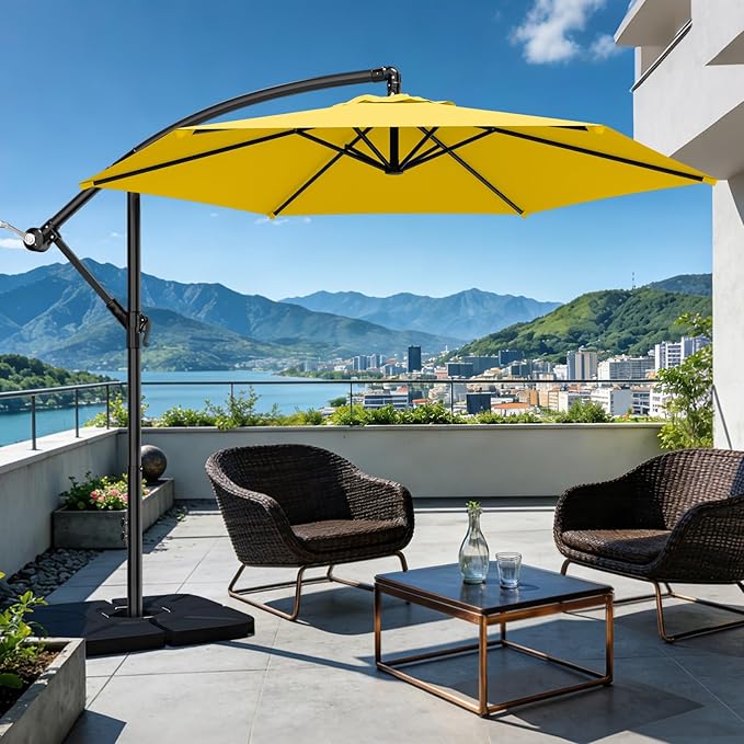 AreShark 10FT Patio Outdoor Umbrella, Offset Patio Umbrella Cantilever Umbrella, 6 Sturdy Ribs, Easy Adjustment for Garden Market Pool with Cross Base (Yellow)