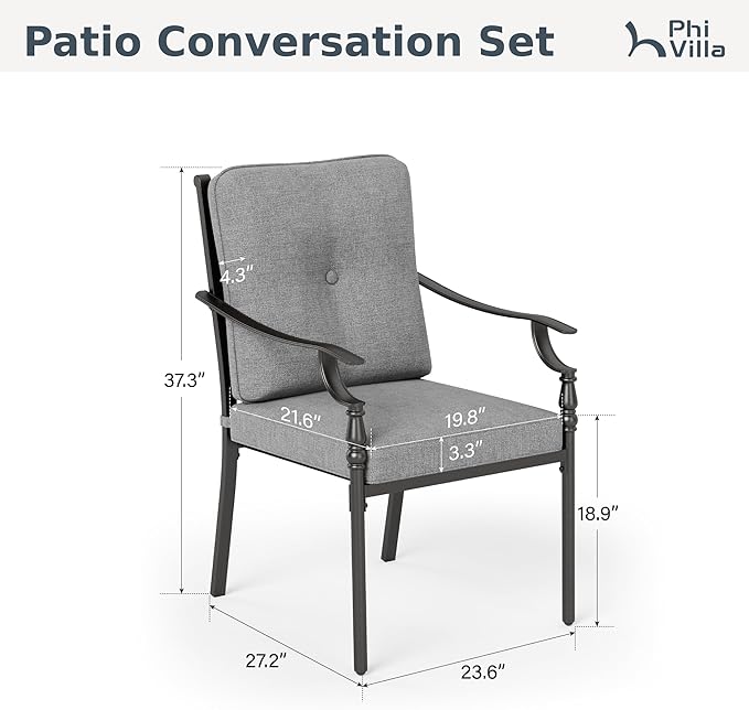PHI VILLA Outdoor Steel Dining Chairs Set of 2, Heavy-Duty Rustproof Black Wrought Iron Armchairs with Cushions, Large Seating Furniture for Patio, Deck, Backyard, Porch