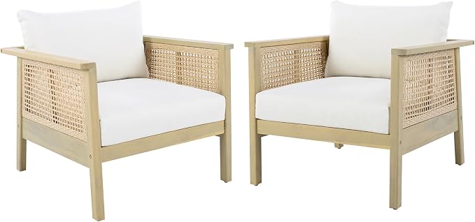 Merax Outdoor Acacia Wood Chair Set of 2 PE Wicker Club Chair Dining Chair with Waterproof Detachable Cushion, Light Teak Finish & Cream Cushion