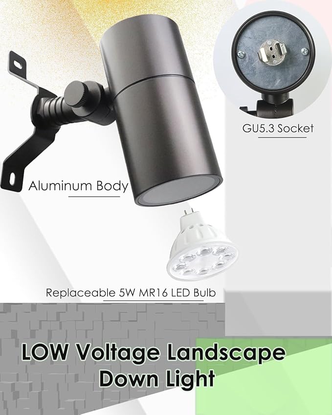 Landscape Down Lighting Low Voltage Spot Lights Outdoor LED Wall Mounted Low Voltage Tree Lights Cast Aluminum Free 5W MR16 LED Bulb Stainless Steel Mounting Bracket 4-Count