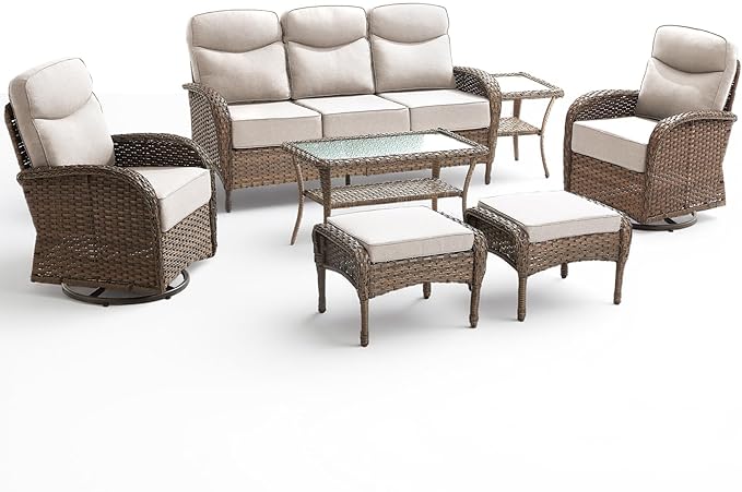 Luxury Outdoor Patio Furniture Set with 6-Inch Thick Cushions, 7 Pieces Wicker Outdoor Furniture with High Back Swivel Patio Chairs Set of 2, Outdoor Conversation Set for Deck Garden Porch, Beige