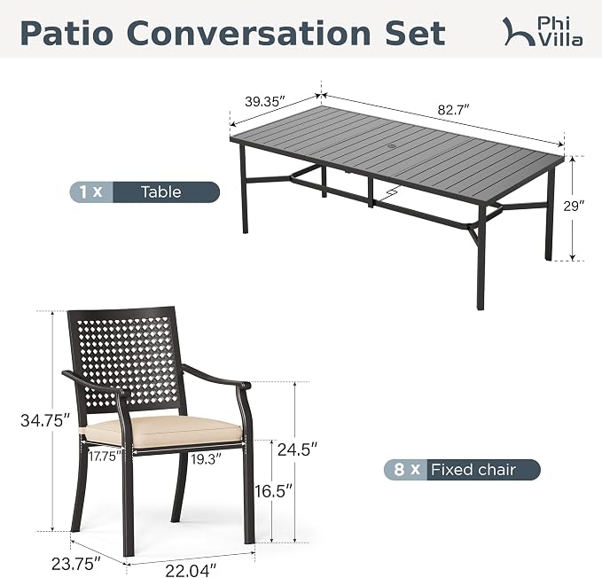 PHI VILLA Outdoor Dining Set for 8, 83" Metal Table w/Umbrella Hole | 9 pcs rectangle black wrought iron furniture set w/ cushions. All weather for patio, deck, yard, porch