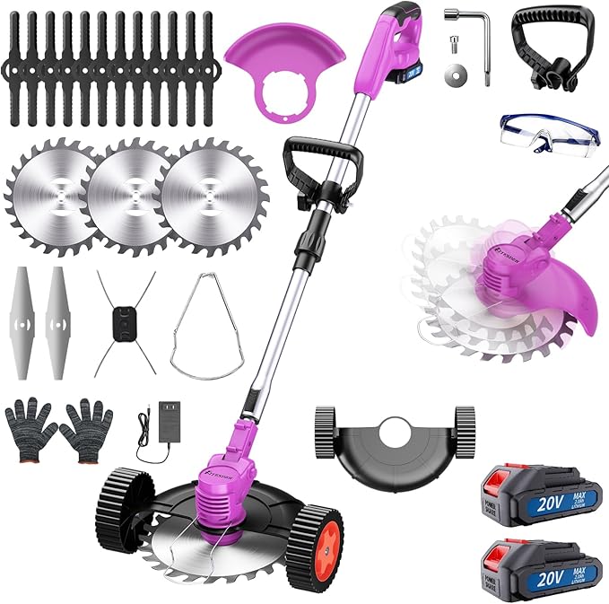 Cordless Electric Grass Trimmer 20V Battery Powered Trimmer, 4-in-1 Brush Cutter Cutter Lawn Edge ((Purple) 2*Battery +Wheels)