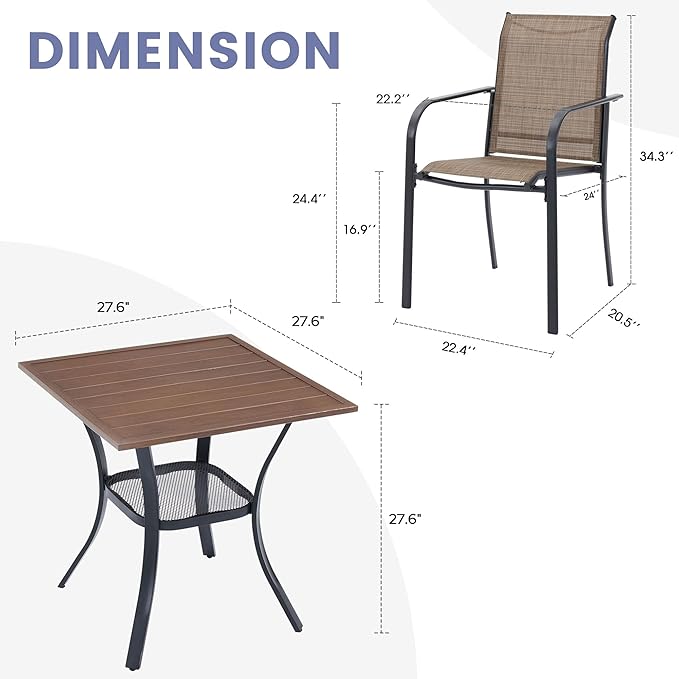 VICLLAX Outdoor Dining Set for 2, Small Patio Table and Chairs Set of Stackable Patio Sling Chairs and Square Dining Table for Front Porch, Brown Fabric and WalnutTable