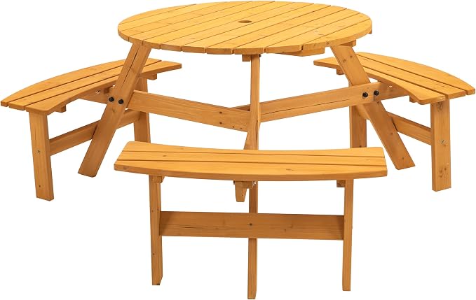6 Person Outdoor Picnic Table with 3 Built-in Benches Round Wood Picnic Table with Umbrella Hole, Outside Picnic Tables and Bench Set for Garden,Patio, Backyard,1720LBS Total Capacity,Natural