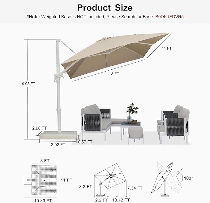PURPLE LEAF 8' X 11.5' Right-left Tilt Patio Umbrella Swivel White Cantilever Umbrella with Tilt Aluminum Outdoor Umbrella with 360° Rotation for Deck Pool Garden, Beige