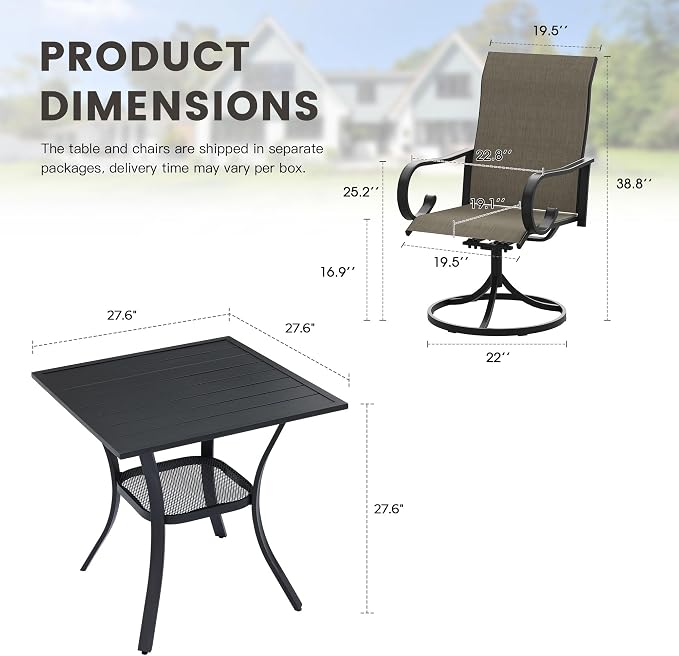 3 Pieces Patio Dining Set, 2 Outdoor Swivel Dining Chairs with 28" Square Outdoor Dining Table, All Weather Textilene Patio Chairs and Metal Table for Garden Backyard, Mixed Brown & Black