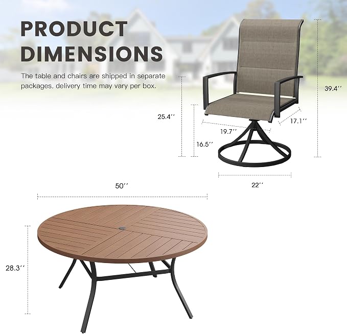 Outdoor Dining Set for 6, 50.1" Outdoor Dining Table with Umbrella Hole and Padded Textilene Patio Swivel Chairs, 7 Pieces Patio Table and Chairs Set for Garden Backyard, Mixed Brown and Walnut